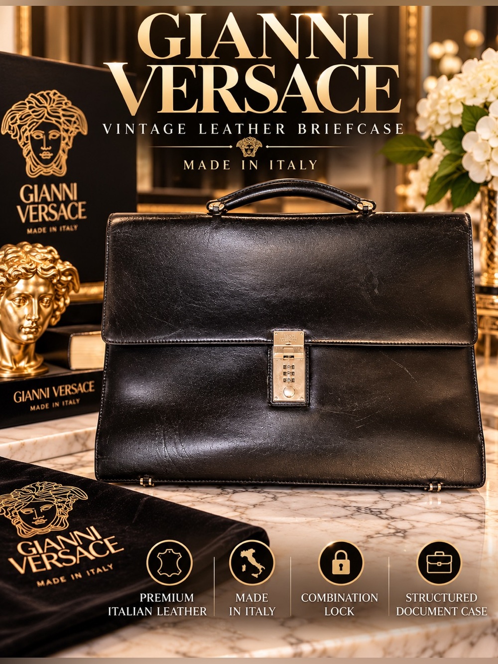 Gianni Versace Leather Briefcase Document Case Portfolio with Combination lock